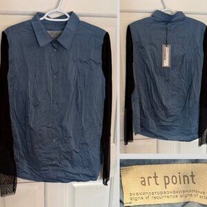 New! Art Point Two Tone Blue Black Long Sleeve Button Up Blouse Top 31786